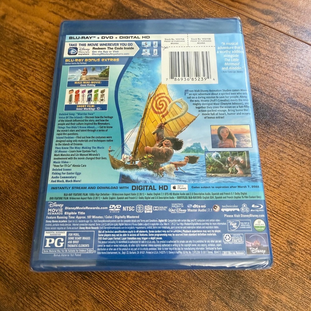 Disney Moana Blu-ray DVD Digital HD 2017 New Sealed Movie Dwayne Johnson - Picture 6 of 7